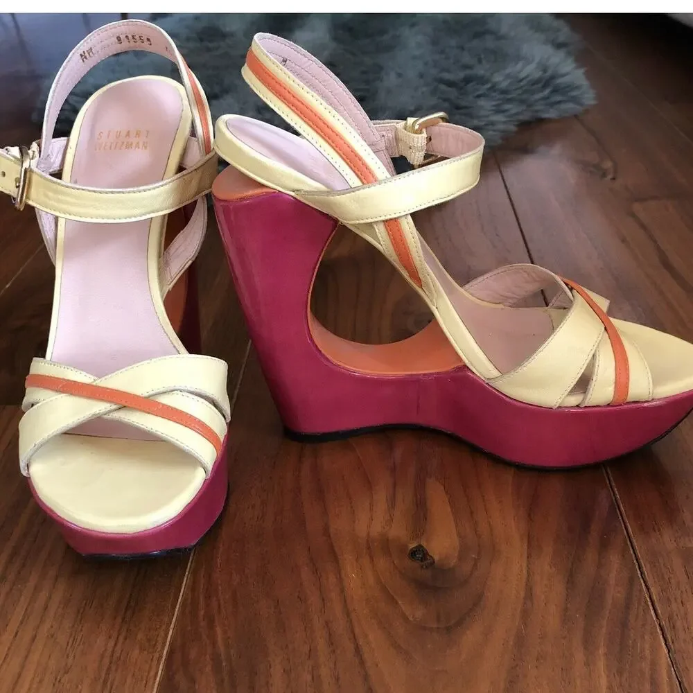 Stuart Weitzman Cut-Out Pink Yellow Color Block Wedge Platform Sandals 7.5M